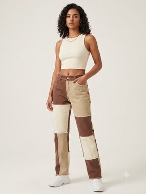 Jaded London Brown & Cream Patchwork Straight Leg Pants